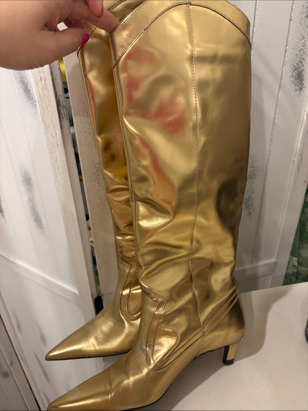 Zara Gold Metallic knee high Pointed Toe leather Boots